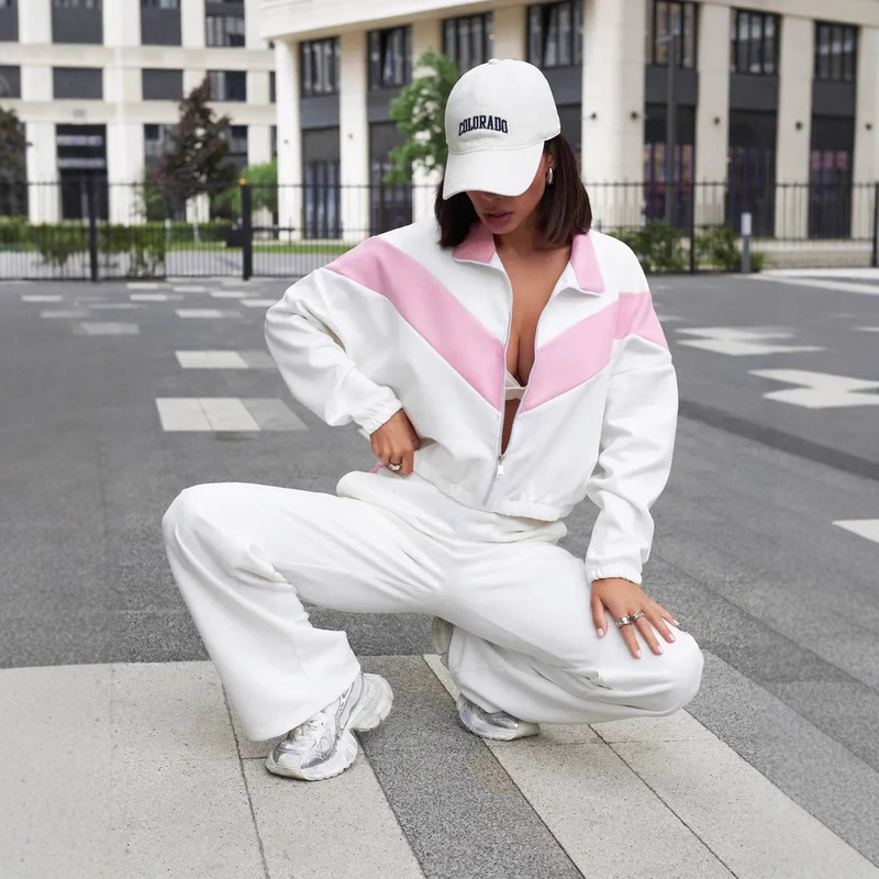 亚马逊休闲欧美女士拼色套装长袖拉链开衫撞色外套松紧长裤两件套|undefined