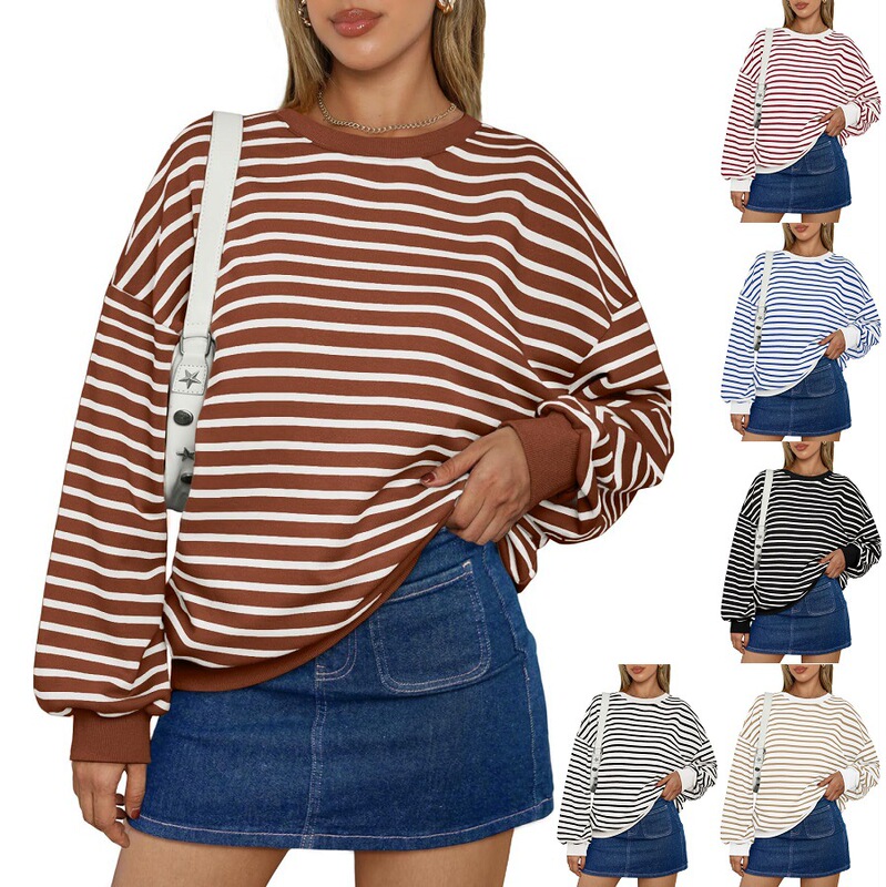 2024 European and American Cross-Border Women's Clothing Amazon Autumn and Winter New Striped Long-Sleeved Round-Neck Sweatshirt Y2K Sweatshirt 2024 European and American Cross-Border Women's Clothing Amazon Autumn and Winter New Striped Long-Sleeved Round-Neck Sweatshirt Y2K Sweatshirt