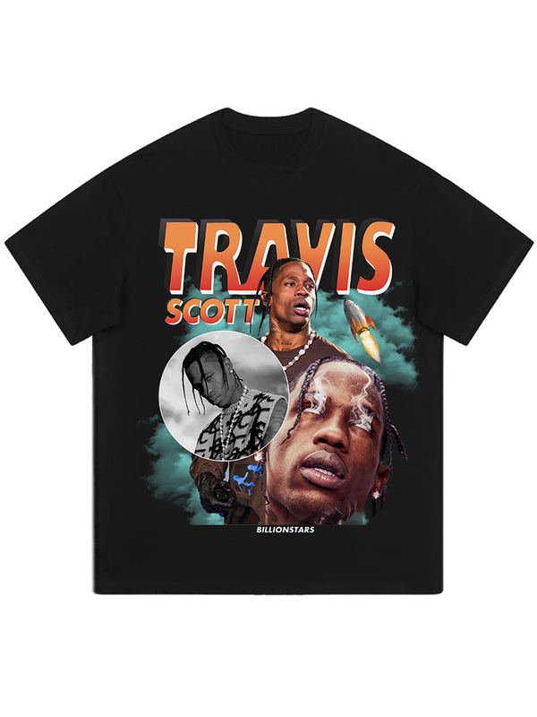 trafvis Scott Direct Spray Print Heavy Washed Distressed t-shirt Men's Hip-hop Loose American t-shirt Summer
