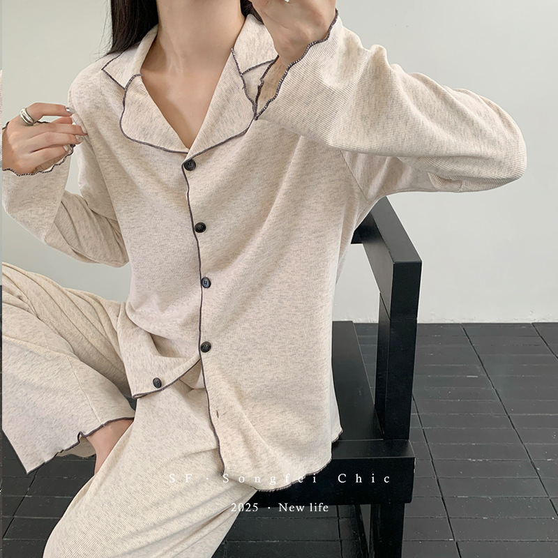 Autumn and Winter Fleece-Lined Color-Blocked Ribbed Brushed Suit, Solid Color Skin-Friendly High-Elastic Loungewear Set, Women's Pajamas