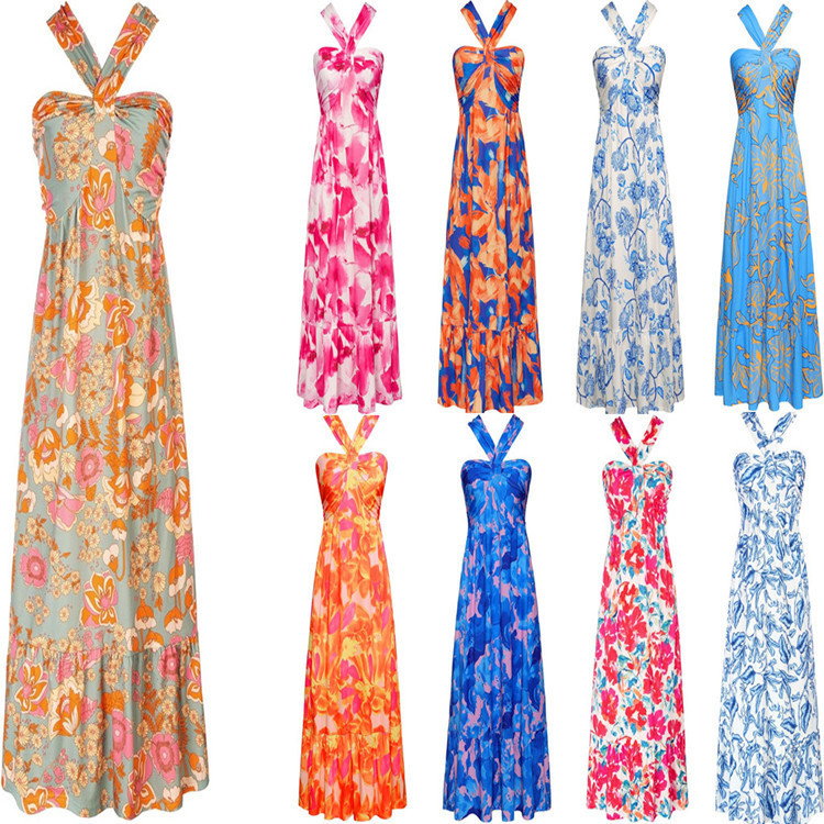 European and American Clothing 2025 Amazon Aliexpress Summer Popular Cross Halter Sleeveless Floral Long Skirt Dress European and American Clothing 2025 Amazon Aliexpress Summer Popular Cross Halter Sleeveless Floral Long Skirt Dress
