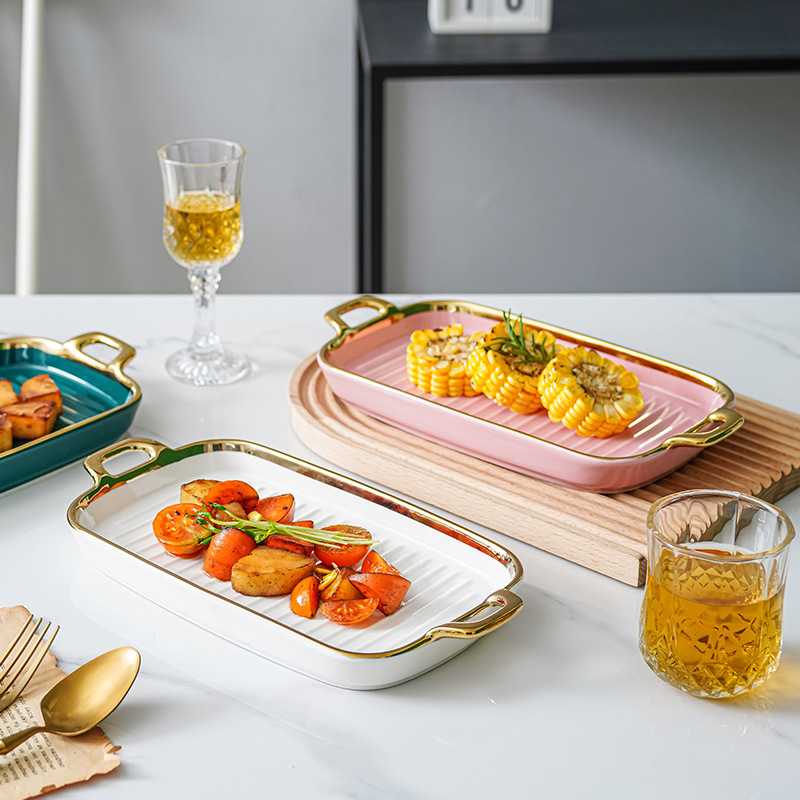 Nórdico INS de doble oreja placa plana rectangular hogar plato de cerámica plato de postre creativo Red rojo plato de pescado sushi plato largo