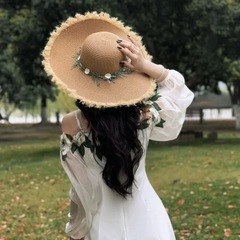 48cm大帽檐拉菲草帽度假民族风草帽雏菊花朵遮阳防晒帽子女沙滩帽
