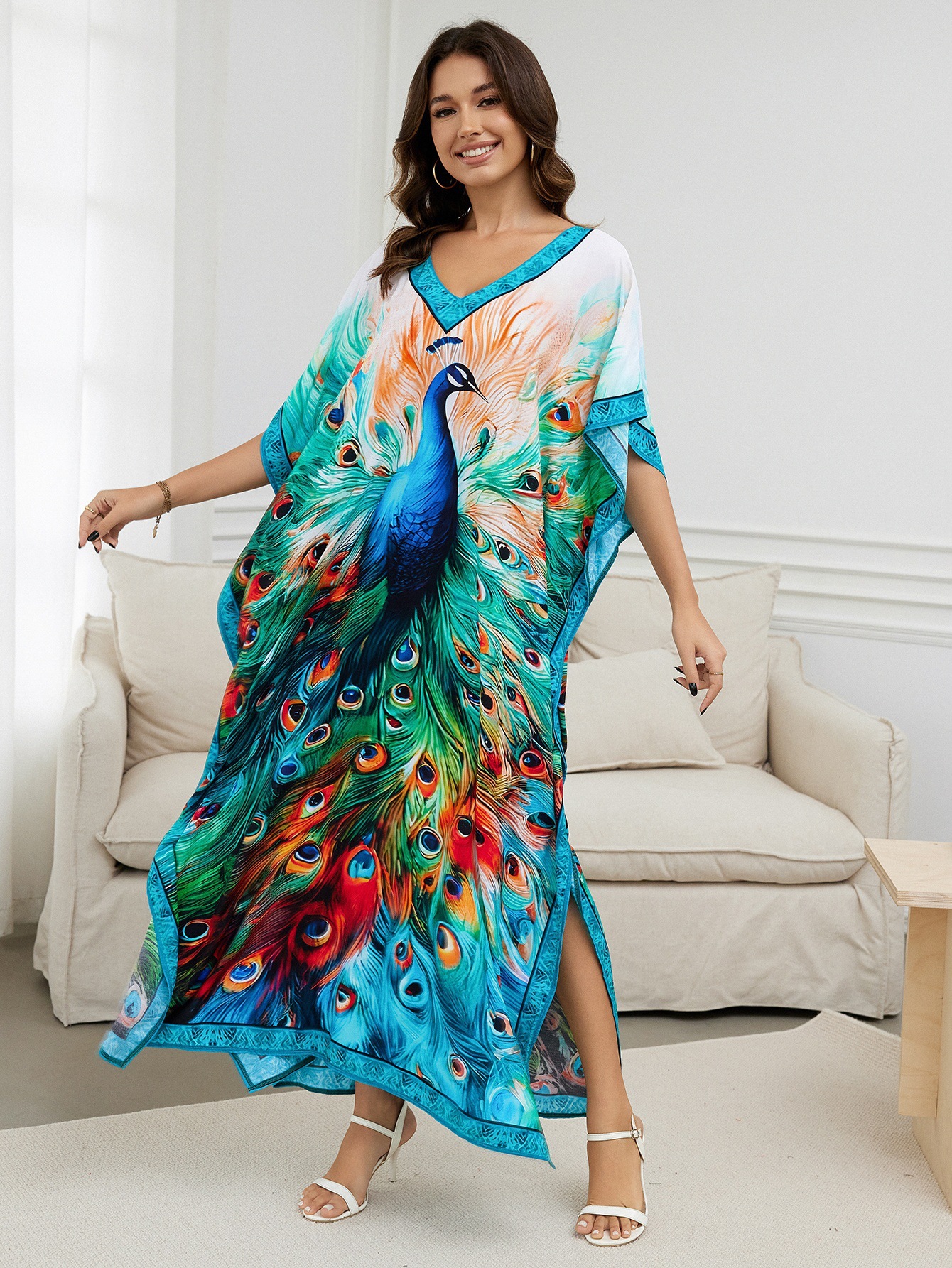 Rochie de plajă lungă kimono dama boho viscoză tie-dye_voghion.com