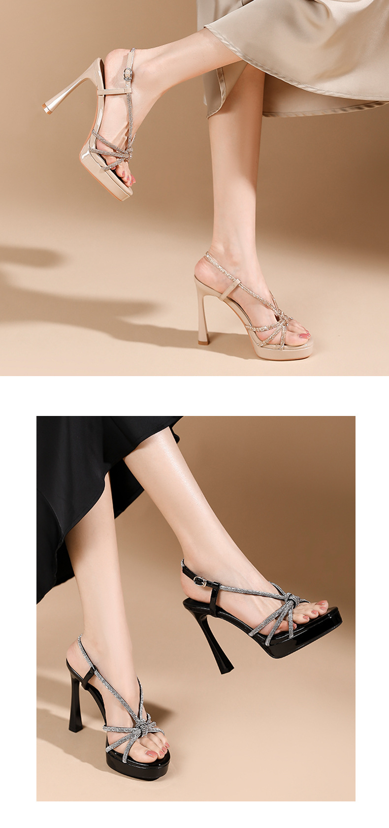 Sandal cao gót nữ quai ngang phong cách Pháp, gót nhọn 11 cm, đế platform — Màu nude - 11cm chi tiết 6
