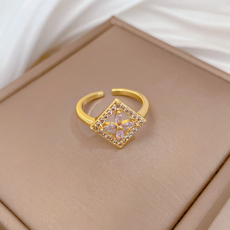 Anello quadrato leggero di lusso con fiore, apertura regolabile, gioiello semplice giapponese, anello per coppie_voghion.com
