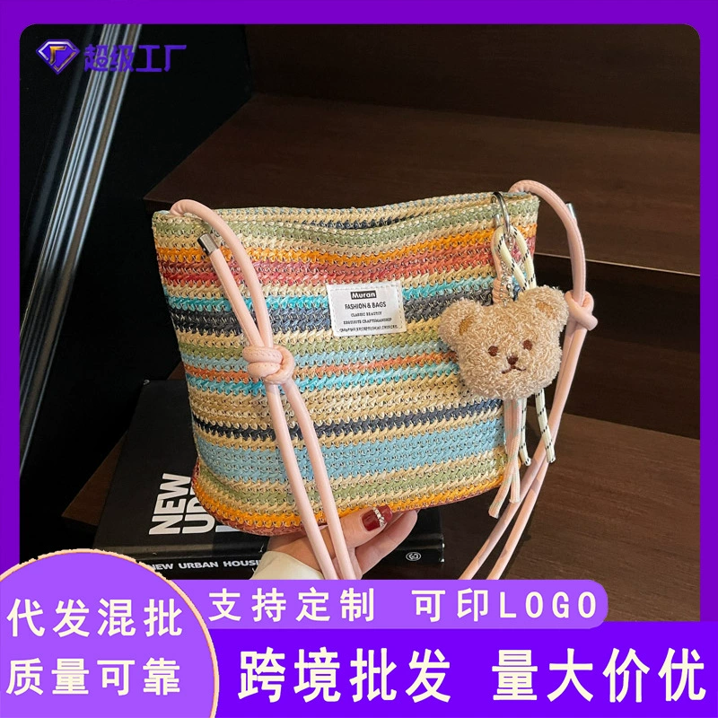 Плетеная соломенная сумка в радужную полоску, новинка лета 2025, модная сумка через плечо большой вместимости в пригородном стиле