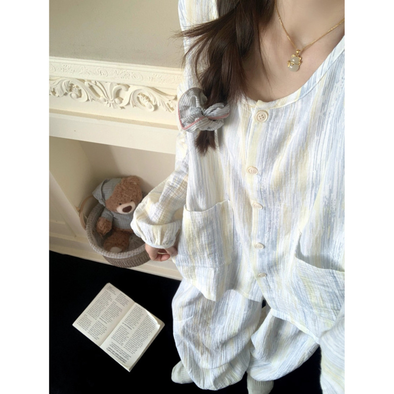 扎染条纹睡衣女春秋季长袖套装高级感跨境家居服大码网红风可外穿|undefined