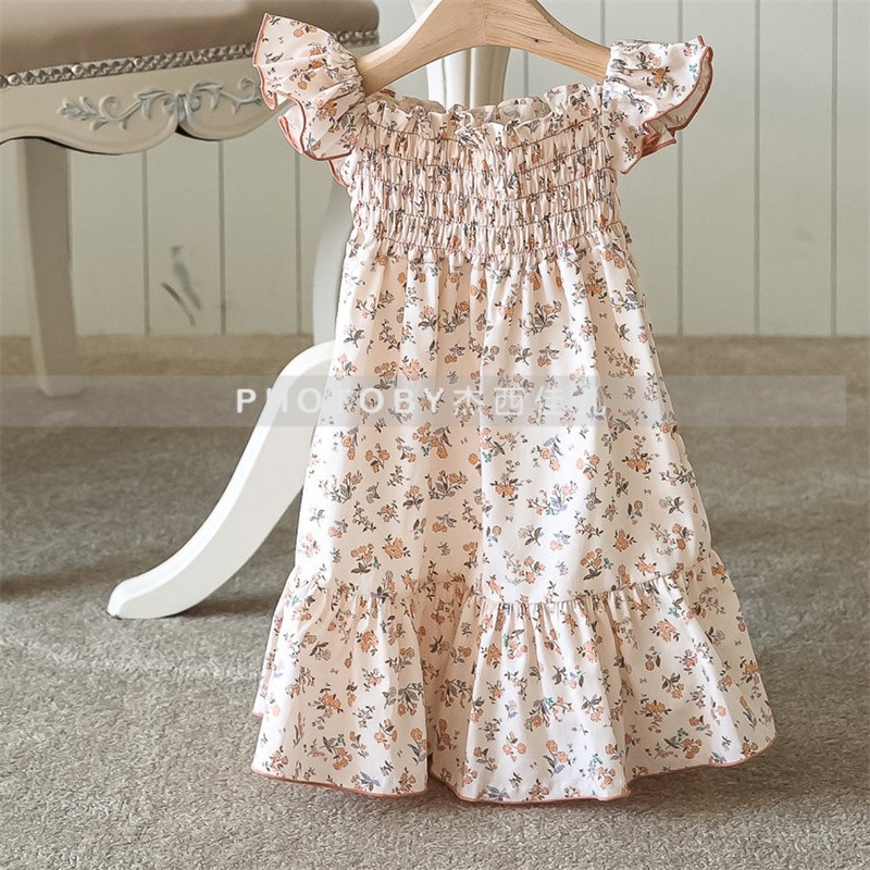 Ins falda de muñeca de verano coreana niña bebé lazo manga abullonada vestido de princesa vestido de cuello cuadrado floral