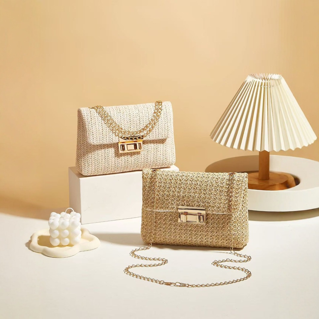 甜美风草编链条单肩包斜挎包2025夏季双头锁女士手袋外贸跨境专供