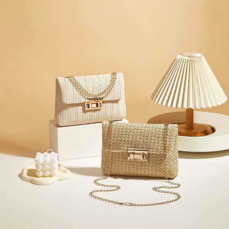 Sweet Style Straw Chain Shoulder Bag Crossbody Bag 2025 Summer Double-Ended Lock Women's Handbag Foreign Trade Cross-Border Exclusive Supply