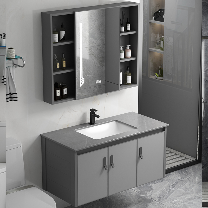 Simple moderno espacio de aluminio gabinete de baño montado en la pared del lavabo gabinete combinación piscina hogar blanco cerámica roca placa cuenca integrada