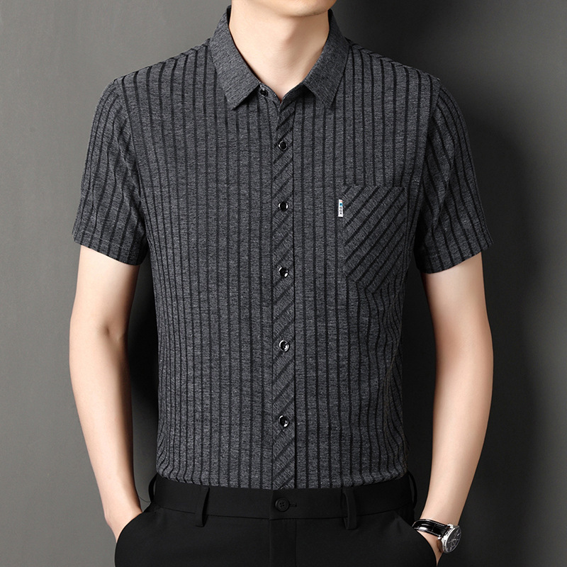 Men's Silk-Blend Short-Sleeve Shirt for Middle-Aged and Elderly, Loose Fit, Casual, with Real Pockets, High-Thread-Count, Breathable, Wrinkle-Free Linen Shirt