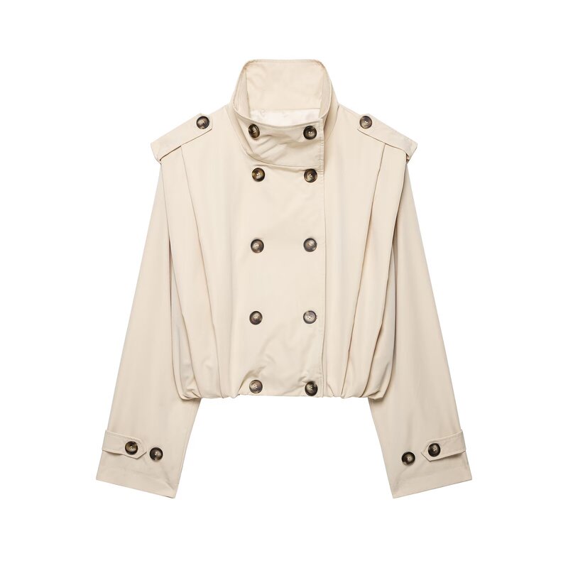 MYST&ZA Autumn New Women's French Style Long Sleeve Stand Collar Double-Breasted Pleated Short Trench Coat 5063701
