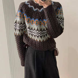 重磅加厚费尔岛拼色提花100羊毛衫女圆领针织毛衣宽松慵懒打底衫