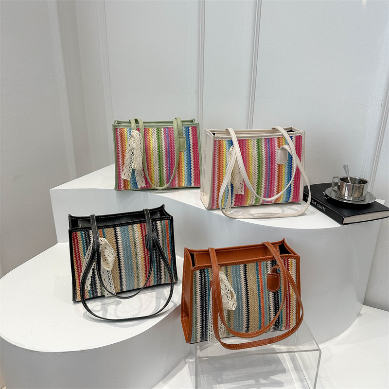 Bolsa de paja de verano arcoíris nueva moda para mujeres de viaje mochila de tejer vacaciones de playa bolsa de tote