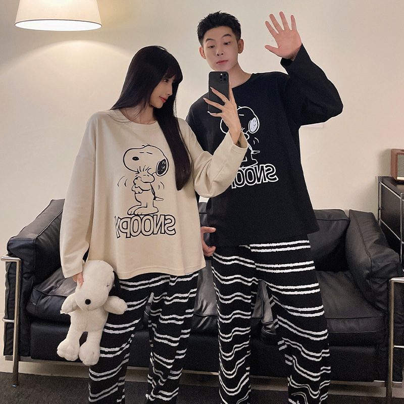 2025 New Couple Pajamas Women's Spring and Autumn Long Sleeve Teenagers Cute Cartoon Men's Home Clothes Plaid Suit