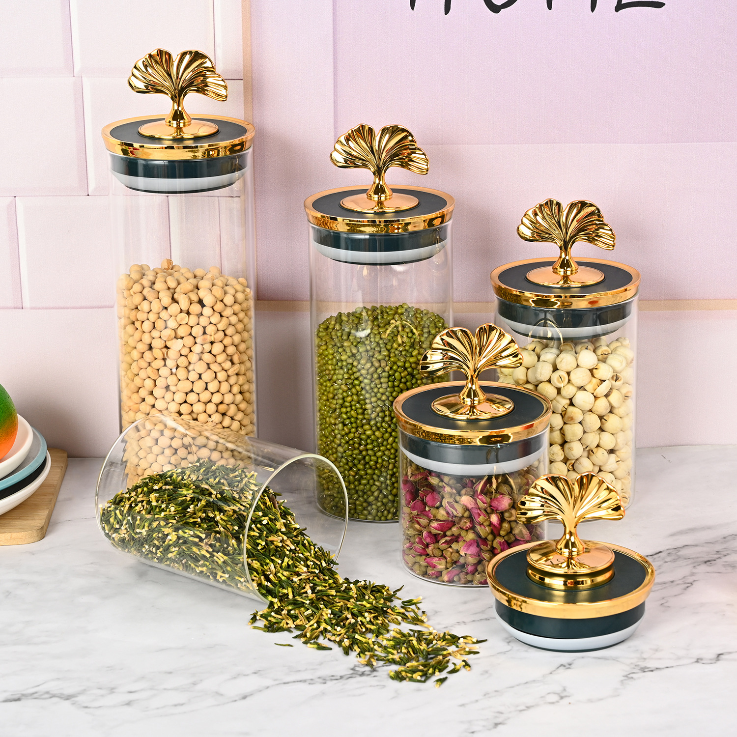 Lujo ligero hoja de ginkgo hogar alimentos té vidrio sellado tarro cocina a prueba de humedad productos secos grano sellado tarro