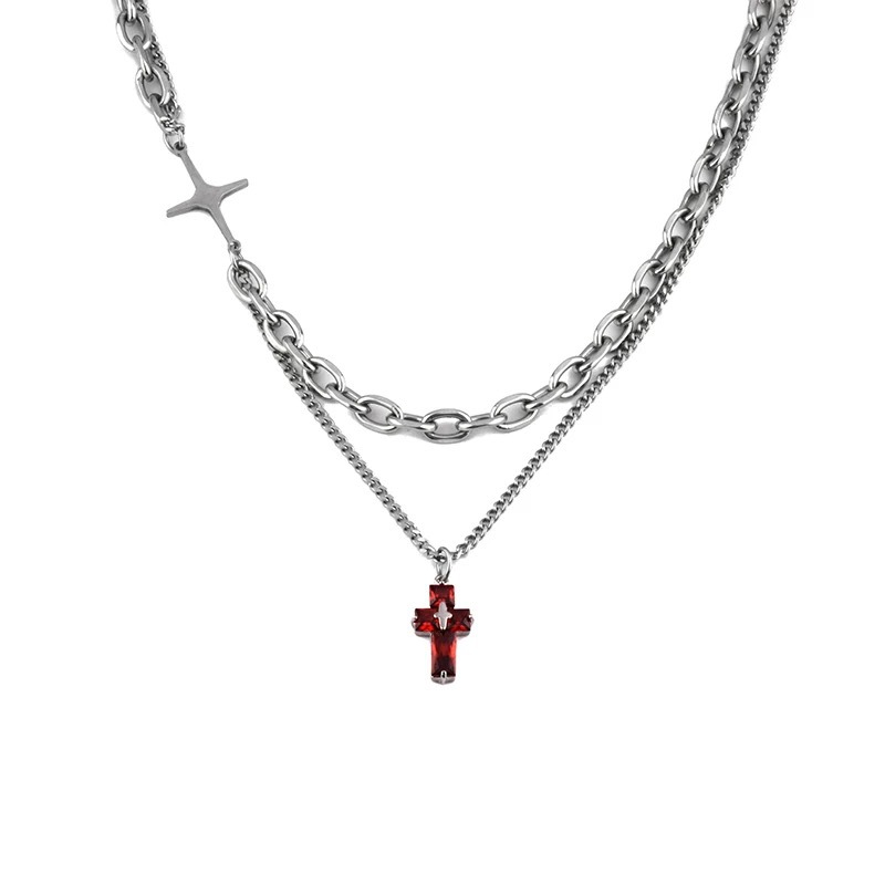Double-layer Cross Necklace Men's Hip-hop Style Titanium Steel Color-free Star Accessories Niche Design Simple All-match Necklace