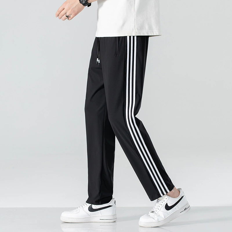 Летние эластичные нейлоновые ледяные штаны мужские тканые горизонтальные полоски тонкие быстродушные спортивные штаны с высокой пулей плюс размер повседневные штаны лед