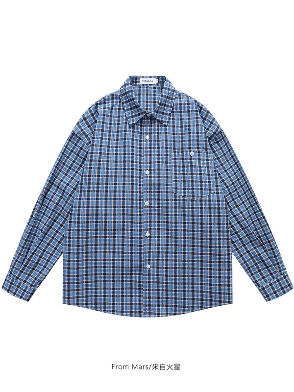 From Mars Retro Blue Plaid Long-Sleeved Shirt American Casual Shirt Lazy Style Loose Lapel Trend