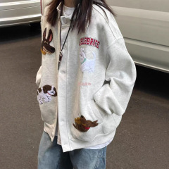 春季新款小狗刺绣纽扣开衫卫衣女港风复古情侣宽松百搭上衣外套潮