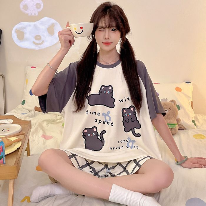 Venta al por mayor transfronteriza nuevos pijamas mujeres verano imitación algodón jersey pantalones cortos de manga corta lindo cachorro traje de servicio a domicilio de dibujos animados
