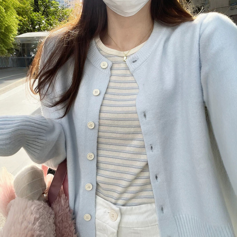 Light Blue Knitted Sweater Top, Early Autumn New Style, Solid Color, Versatile, Loose Fit, Slimming, Korean Style, Soft and Cozy Sweater Jacket for Women