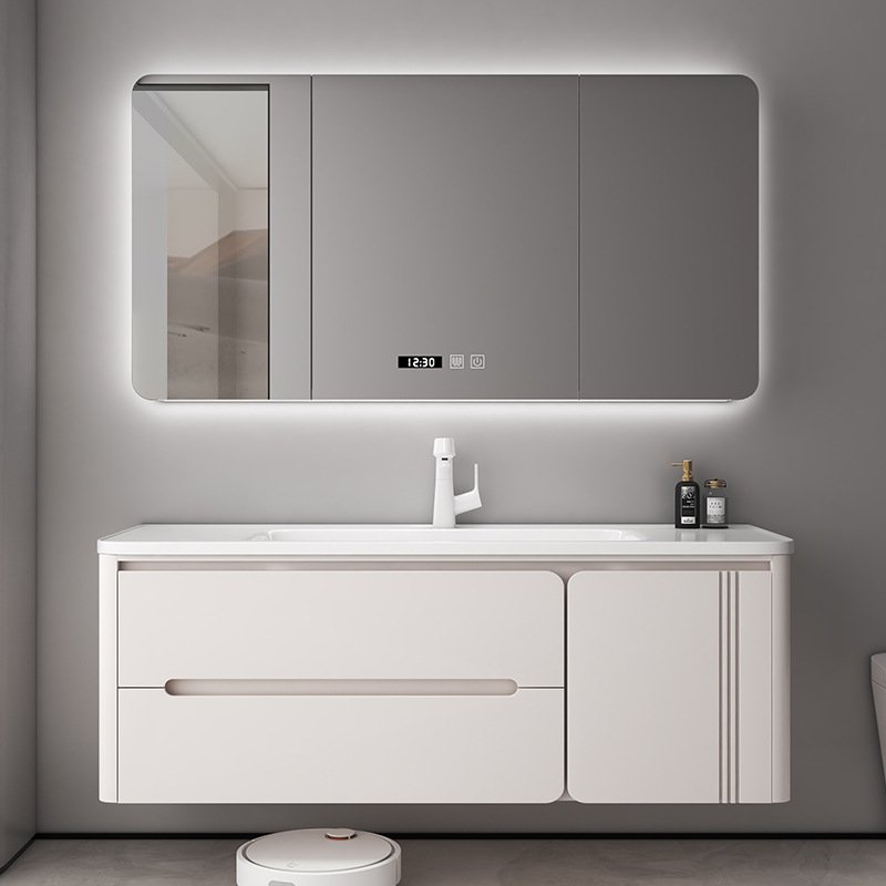 Roble personalizado simple viento caucho madera sólida horneado pintura gabinete de baño combinación de cerámica lavabo gabinete lavabo de mano