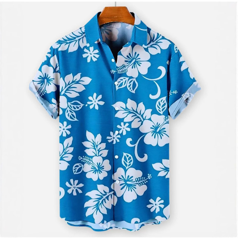 2024 Cross-Border European and American Export Hot Selling Hawaiian Casual Floral Print Men's Short-Sleeved Lapel Shirt