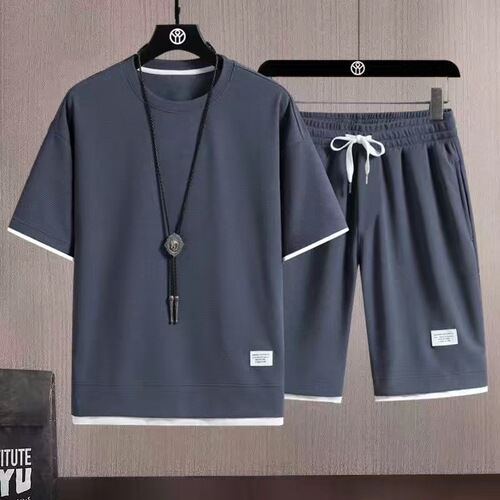 Waffle Men's Large Size Two-piece Set Shorts Summer casual Men's Loose Short-sleeved Trend Sports Two-piece Set