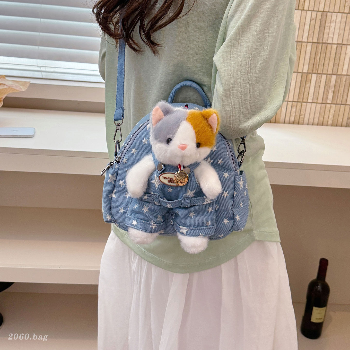 Nuevo denim casual peluche mujer lindo coreano lindo 2026 verano mochila muñeca mochila universal