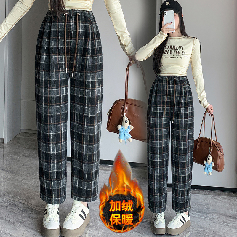 2024 Pregnant Women's Pants Autumn and Winter Outer Wear fleece-lined Wide Leg Pants Plaid Fashion Trendy Pants