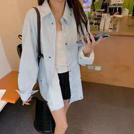 跨境蓝色衬衫女跨境大码女装秋装法式上衣女日系女装防晒衬衣外套
