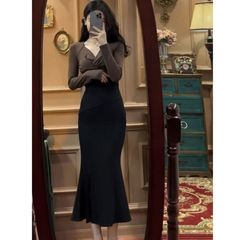 洋气网红套装女秋季法式甜辣风上衣牛仔鱼尾半身裙盐系穿搭两件套