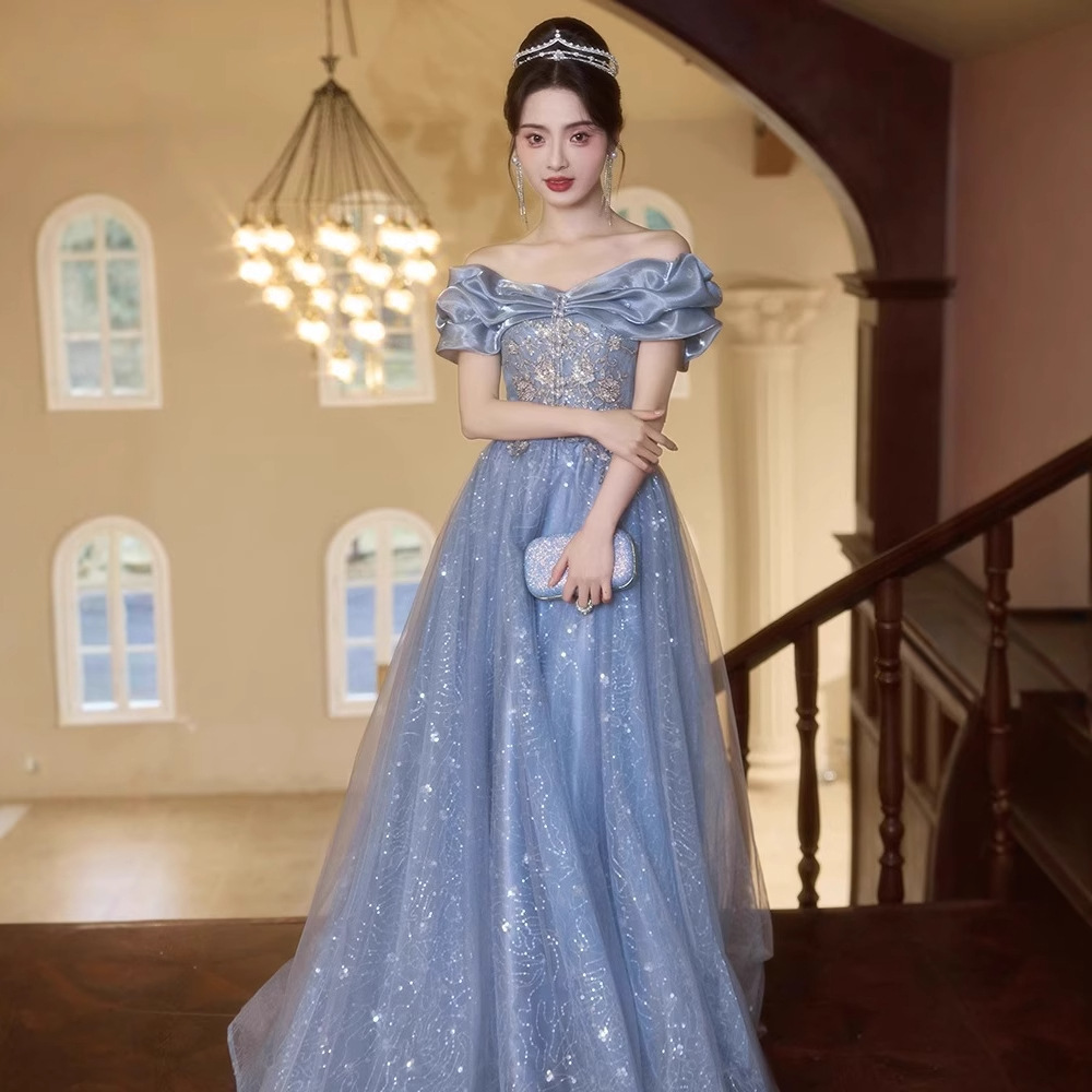 One-Shoulder Blue Evening Dress 2026 New Style High-End Banquet Elegant Light Luxury Niche Hostess Adult Birthday