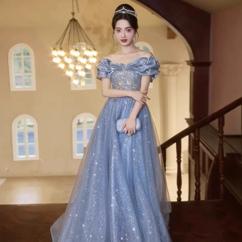 Blue evening dress, open shoulders, high-end