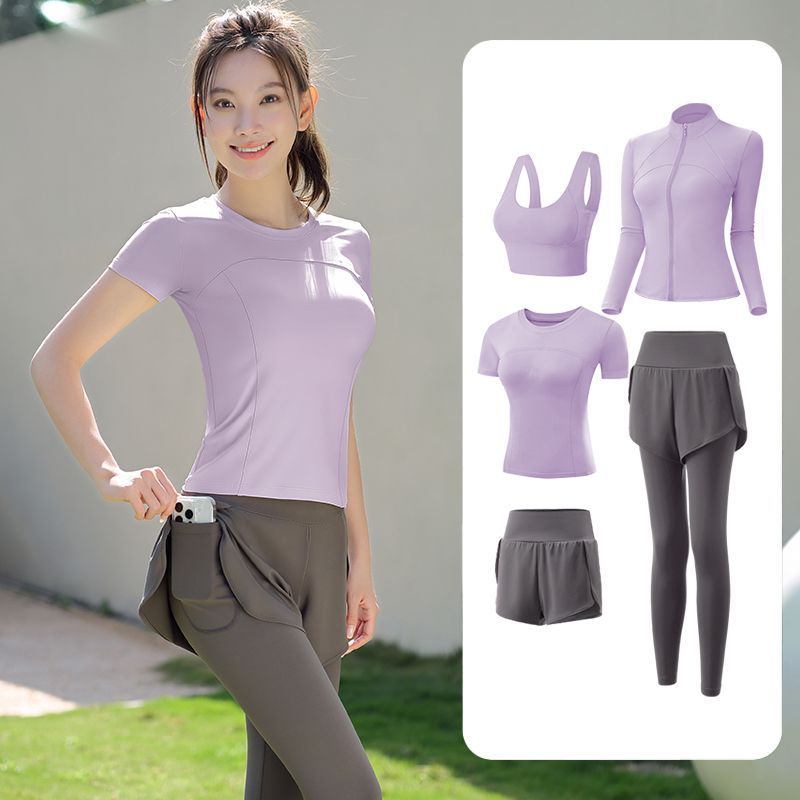 Trajes de yoga para mujeres de verano para correr ropa deportiva suelta rápida ropa seca bolsillo para correr trajes de mujeres de la mañana para correr comercio exterior