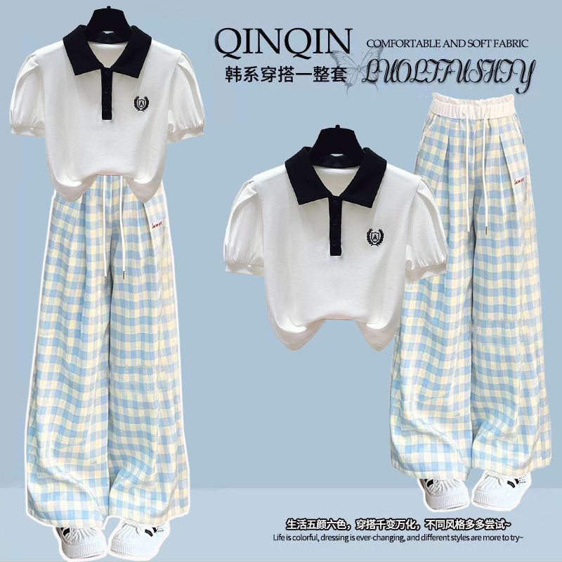 2025 New Style Summer Wide-Leg Pants Set for Girls and Students: Polo Collar Short-Sleeve T-Shirt and Plaid Pants for Teenagers