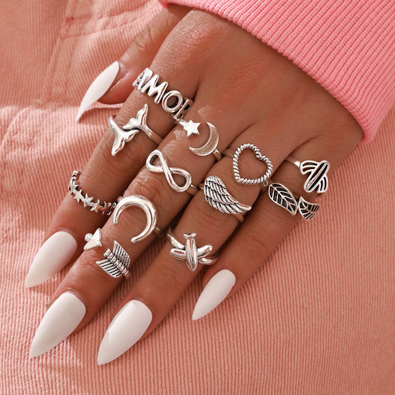 Jewelry Star Moon Airplane Wings Love Hollow Cactus Joint Ring Twelve-piece Set display picture 1