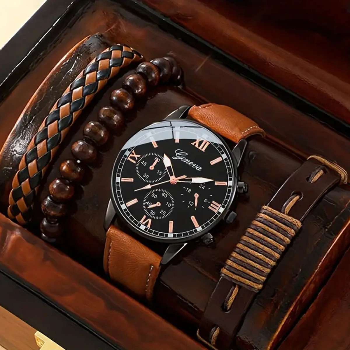 Orologio al quarzo da uomo con tre occhi, tendenza moda business, più bracciale intrecciato, 4 pezzi/set_voghion.com