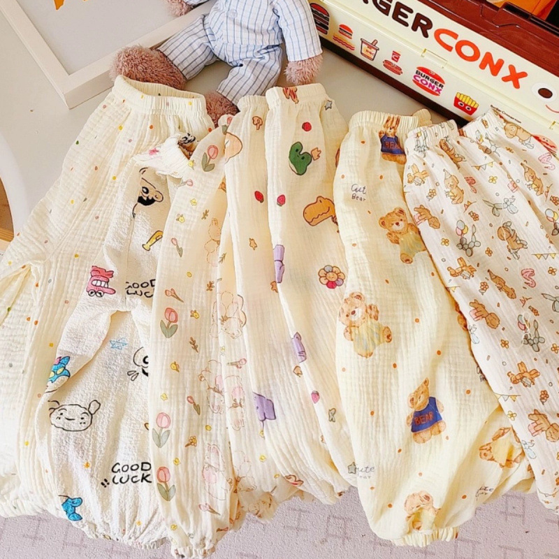 Children's Pants Cotton Anti-mosquito Pants Summer Korean Style Cartoon Double-layer Cotton Gauze Casual Air Conditioning Pants for Boys and Girls