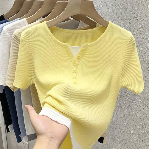 Women's Summer Short Sleeve T-shirt, Thin Ice Silk Knit Top, 2025 Fake Two-Piece White Short-sleeve Blouse