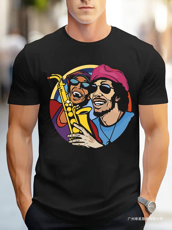 【European Size】Cross-Border Saxophone Casual Men's Printed Top Soft and Stylish Casual Pure Cotton Shirt