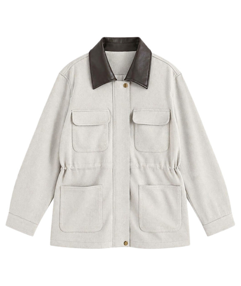 Áo khoác nữ dáng ngắn phong cách workwear, chất liệu giả da lộn, cổ bẻ, khóa kéo, phối ghép — màu be chi tiết 13