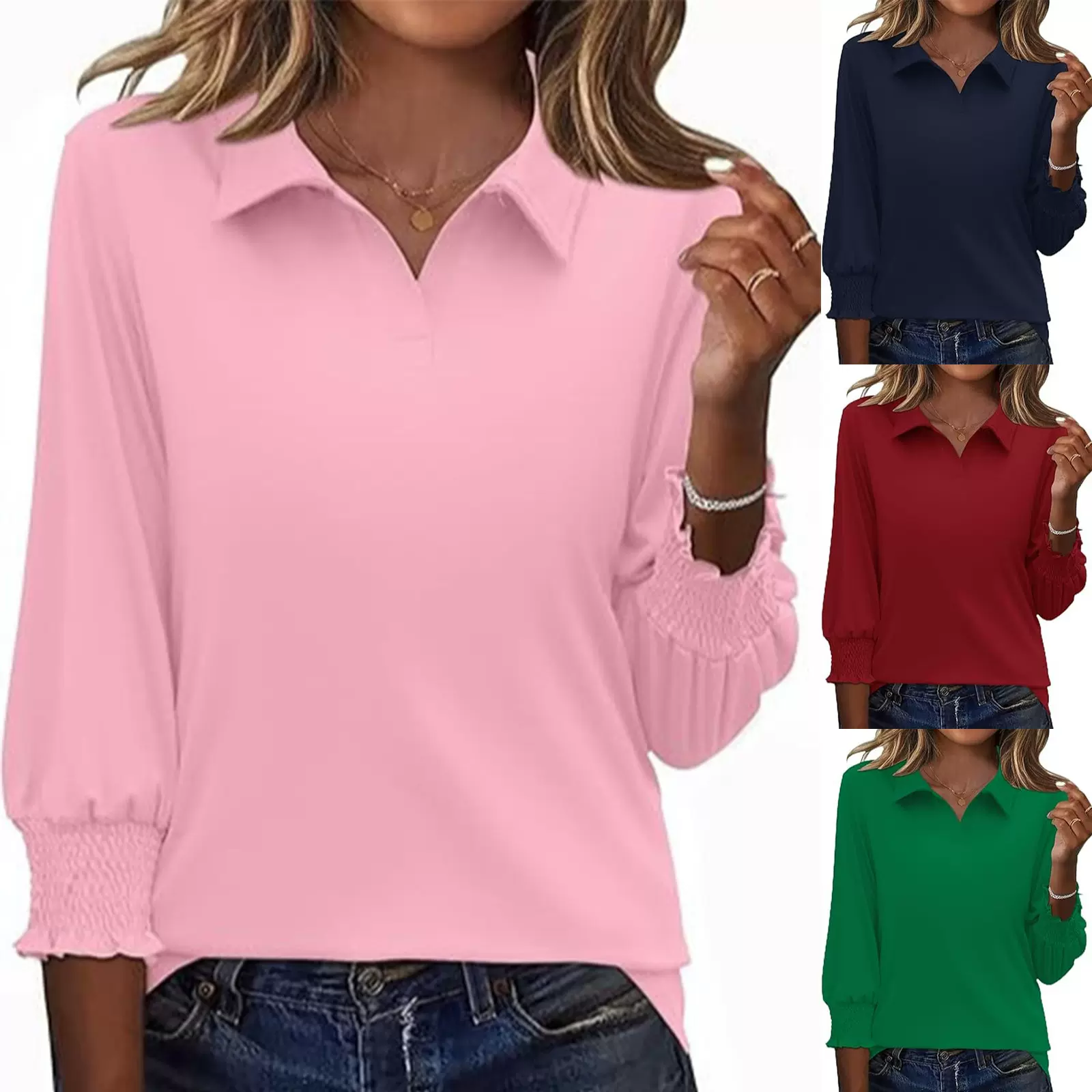 女式职业T恤春秋季亚马逊欧美女装新款翻领打揽七分袖口上衣女