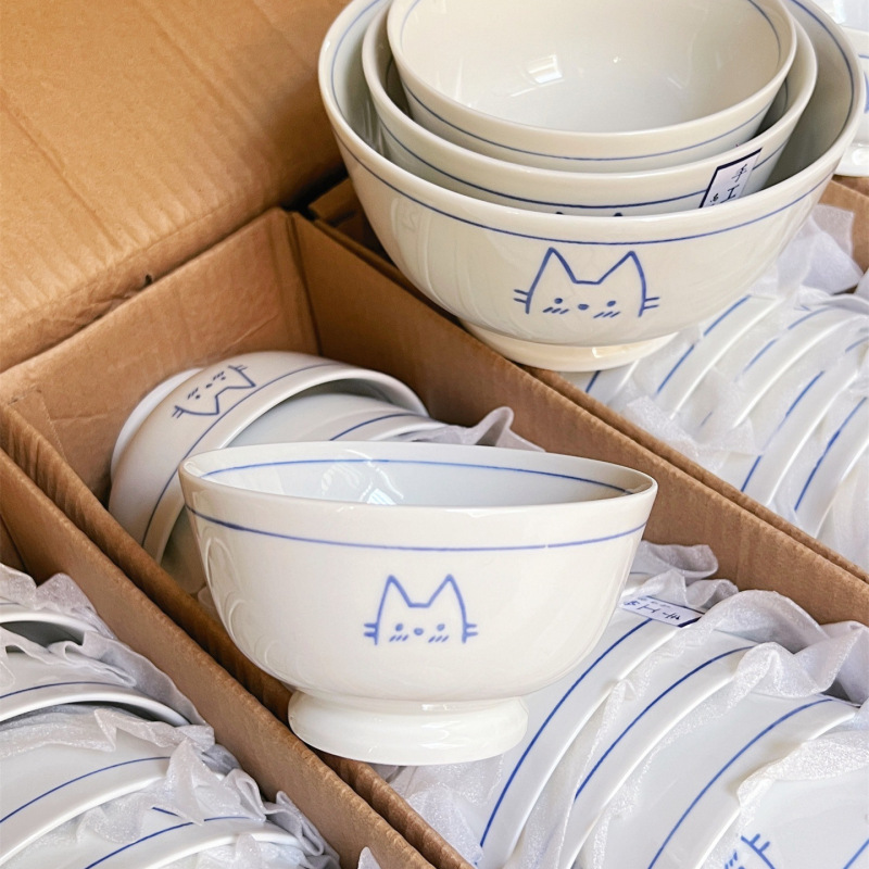 Hand-Painted Cute Line Drawing Cat Ceramic Tableware Household Rice Bowl High-Value Bowl Noodle Bowl Soup Bowl Dessert Salad