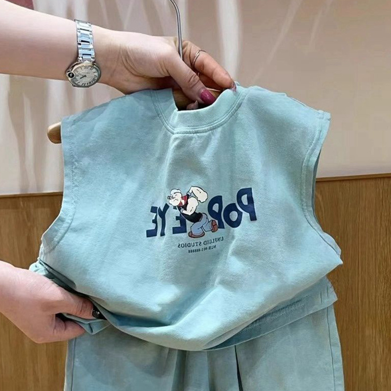Boys' Thin Pure Cotton Vest Set 2026 Summer Toddler Cartoon Sleeveless T-Shirt and Shorts Two-Piece Set