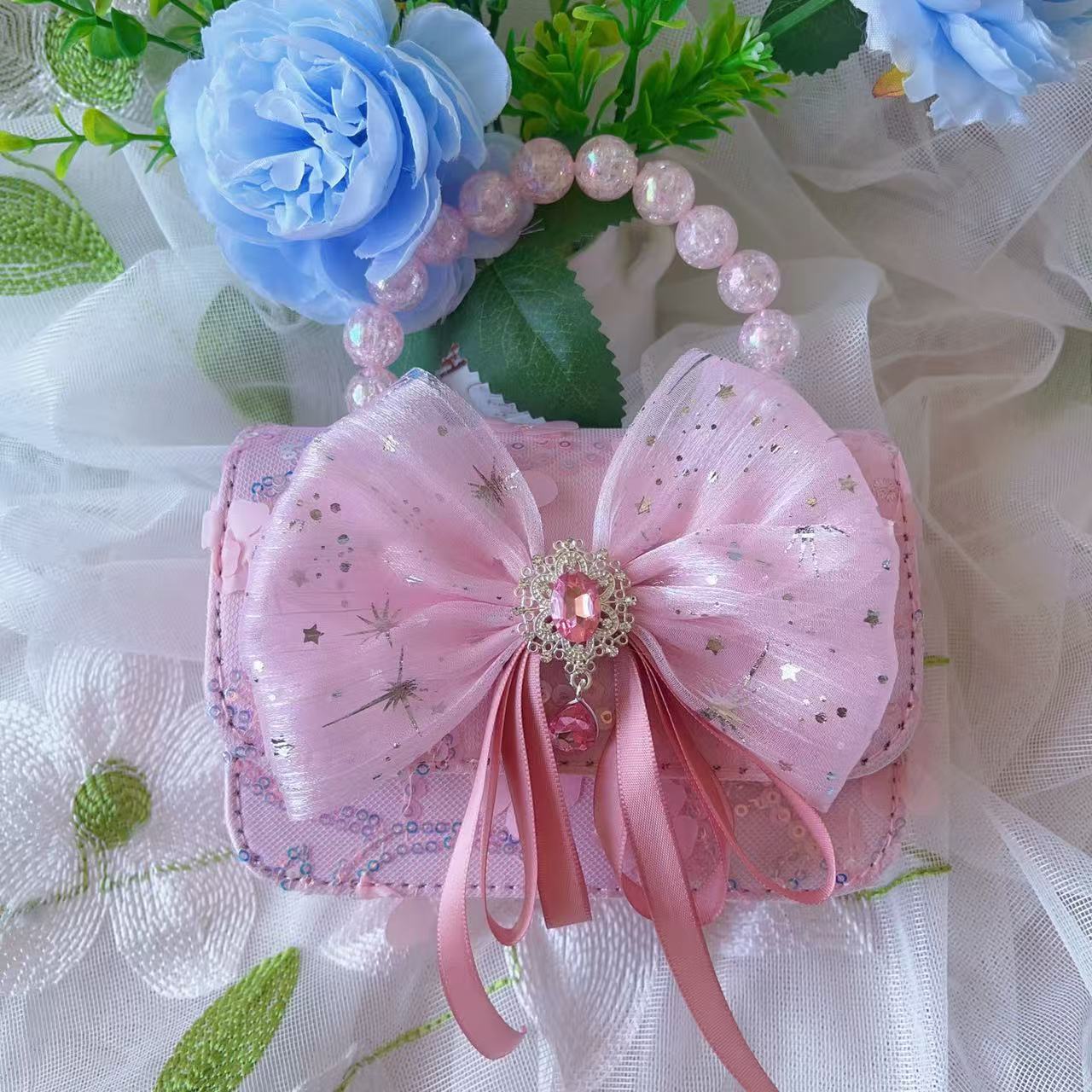 Bolso de lazo para niños Bolso de mensajero de flor de rosa de verano Bolso de princesa portátil de perlas para niñas Monedero de fragancia pequeña