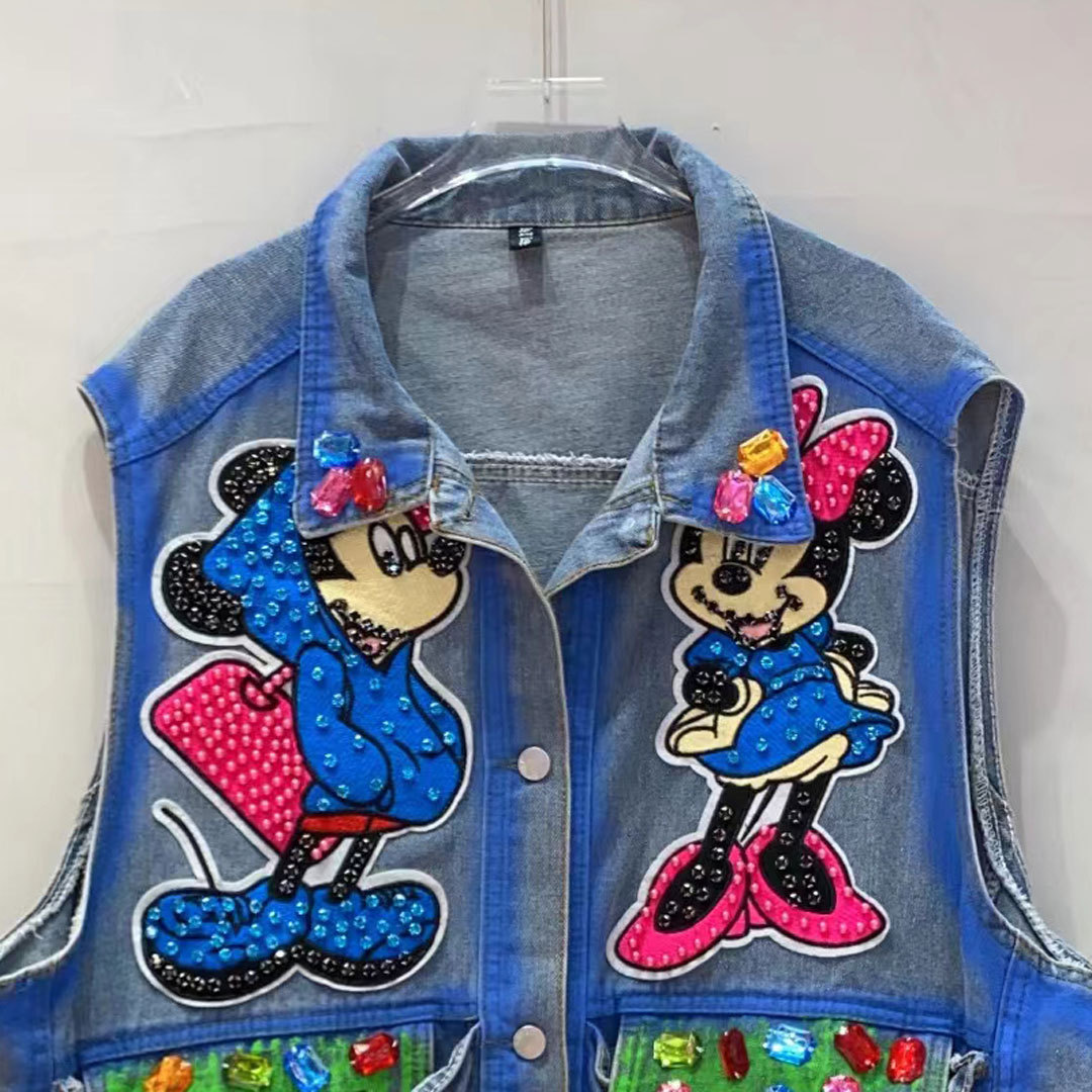 Estación europea de diseño de marca de moda chaleco de vaquero sin mangas chaleco de la industria pesada de la mujer graffiti cuentas de clavos personalidad chaqueta de clip de caballo